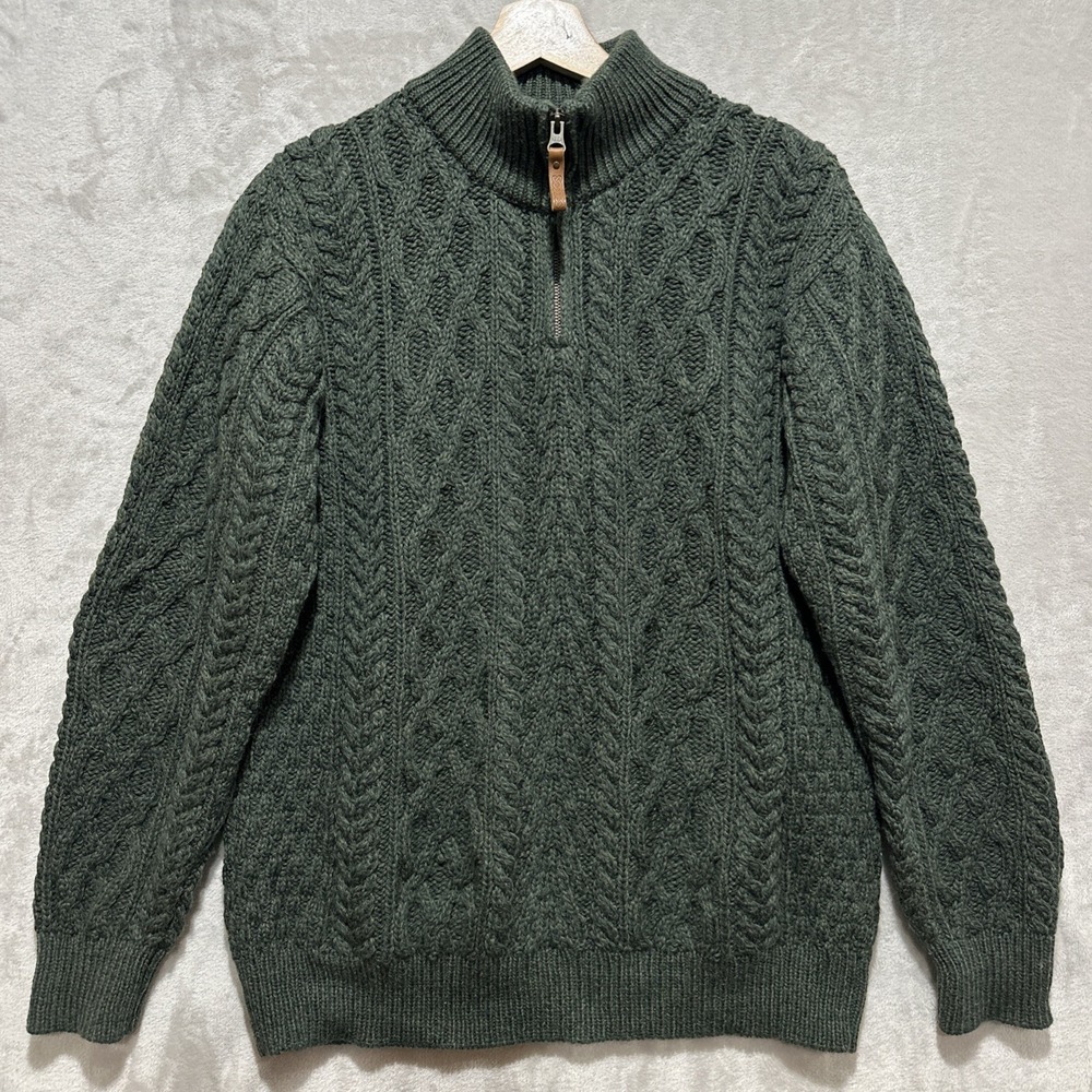 The Irish Store Mens Fisherman Knit Merino Wool Sweater Size M 1/4 Zip Green